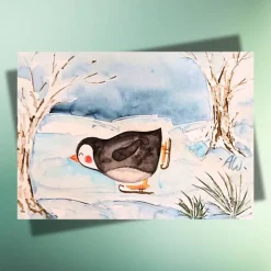 Sale Winterkarte Schlittschuh-Pinguin – DIN A6 Postkarte auf Kraftpapier für Wintergrüße Winter