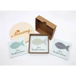 Wunscherfüller zur Konfirmation - Filzverpackung mit Fisch für Geld oder Gutschein - handgemacht mit Stickerei & Box Geldgeschenke