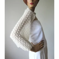 Brautstolen & -Boleros|Nica Weingartner Zarter Braut Bolero ivory, Jäckchen Hochzeit, Schulterwärmer Shrug Mohair, Seelenwärmer mit Lace Muster, duftig leicht