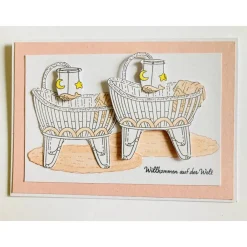 Zwillinge Glückwunschkarte Geburt Taufe Babyparty Karte Mädchen Babywiege Handarbeit A6 Glückwunschkarten